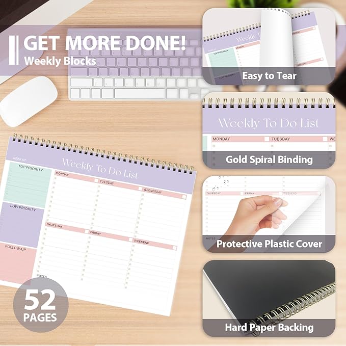 Weekly To Do List Notepad, Undated Planner with 52 Sheets (8.5''x11''), Desk Weekly Planner for Women & Man, Home School & Work (Pack of 2)