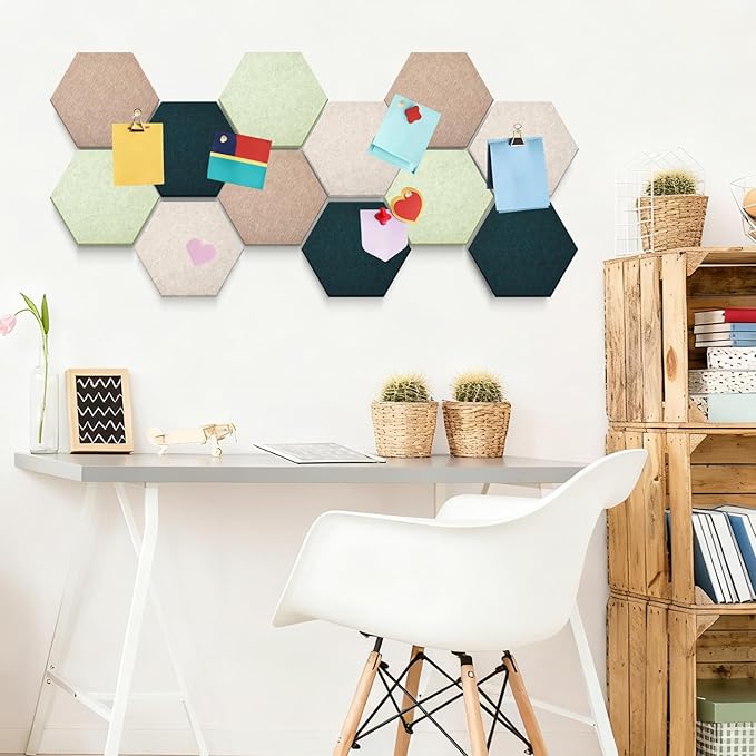 32 Pcs 12'' x 10' Hexagon Felt Cork Board Tiles with 50 Wooden Push Pins, Felt DIY Bulletin Board with 4 Tape for Office School Home Wall Decor Stickers Memos Photos Display