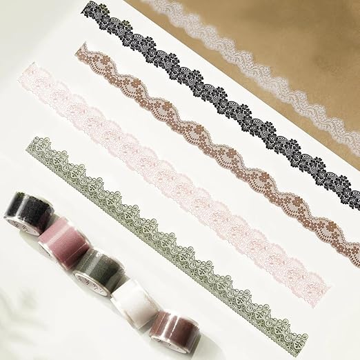 WT Baroque Lace PET Tape Sticker Set, Tape for Scrapbooking, Planners, Junk Journal or Bible Study, Colorful Artist Decorative Craft Tape, Cute Artist Tape (5 Rolls, Each 16.4FT)