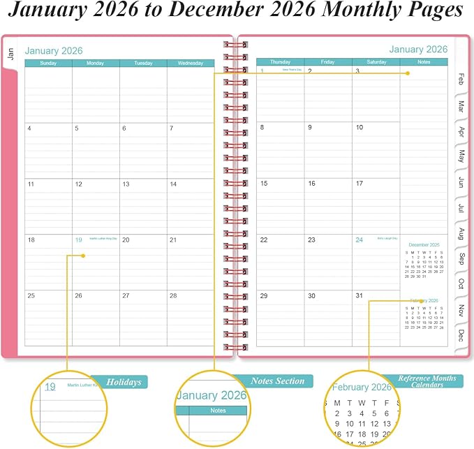Planner 2026 - A5 Weekly & Monthly Planner Spiral Bound, January 2026 - December 2026, with Flexible Cover, Tabs, Inner Pocket, 6.4" x 8.5", Pink