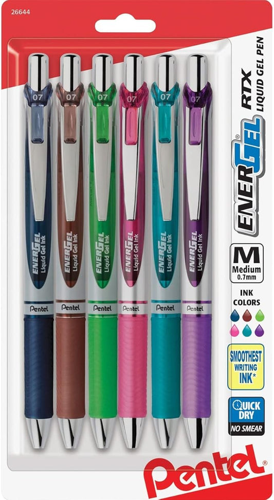 Pentel EnerGel RTX Retractable Liquid Gel Pen, (0.7mm) Metal Tip, Medium Line, Assorted Ink, 6-Pk (BL77BP6M1)