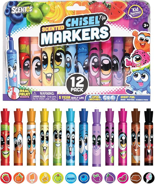 Scentos Fruit Scented Chisel Tip Markers, 12 Pack, Kid Approved, Super Washable, for Posters and Science Fairs, Assorted Colors