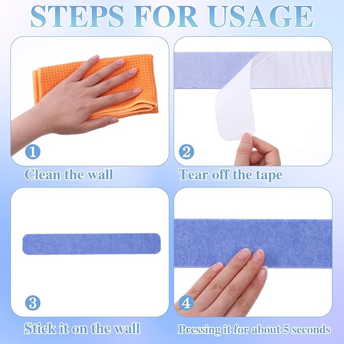 8 Pcs Felt Pin Board Bar Strips Bulletin Board 50 Pushpins and 10 Wooden Clip Pins Self Adhesive Cork Boards for Offices Home Wall Display Photos, Paste Notes, Schedules (Blue)