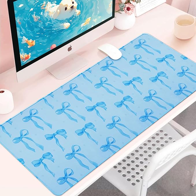 Large Mouse Pad, Blue Bows Desk Mat with Light Blue Background, Kawaii Computer Mat Keyboard Mat Cute Blue Office Accessories, Non-Slip Rubber Base Laptop Pad Girls Desktop Decor 31.5 x 11.8in