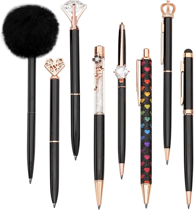 WEMATE 8Pcs Ballpoint Pens Set Metal Crystal Diamond Pen Glitter for Journaling Black Pen Bling in Black & Blue Ink Pretty Cute Pens Fancy Pens Gifts for Women Wedding School Office Desk(Black)