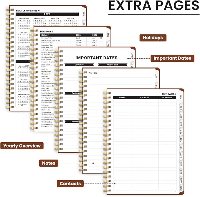 2026 Planner, Weekly and Monthly Calendar Planner, January 2026 - December 2026, Hardcover 2026 Calendar Book with Tabs For Women & Men, Inner Pocket, Spiral Bound, Perfect for Office Home School Supplies - A5 (6.3" x 8.5"), Rust Brown