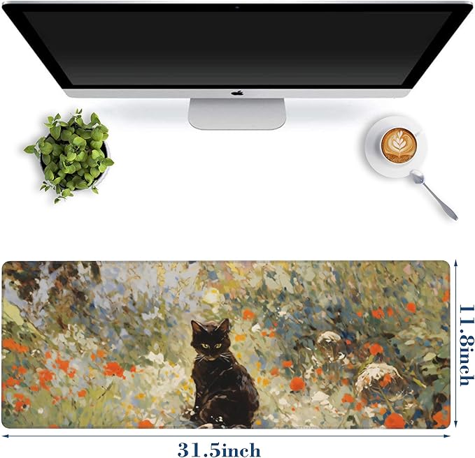 Large Gaming Mouse Pad for Desk Garden Cat Big Desk Mat Extended Mousepad with Stitched Edge and Non-Slip Base Long Computer Keyboard Mouse Mat for Home Office Work, 11.8 x 31.5 Inch