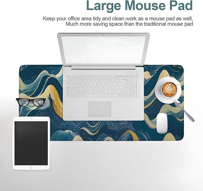 Abstract Waves Extended Mouse Pad XL 31.5"x11.8" – Elegant Blue Gold Desk Mat – Non-Slip Rubber Base, Stitched Edges