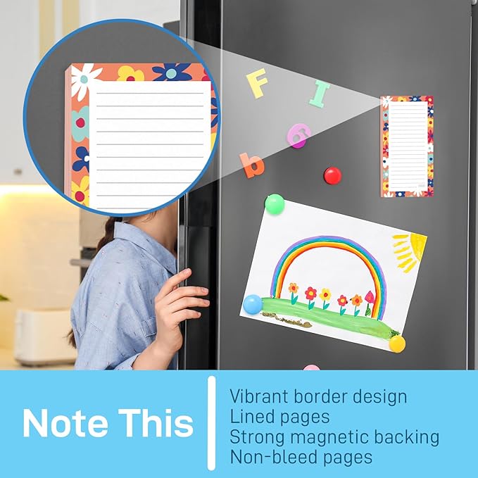 Sweetzer & Orange S&O Magnetic Notepads for Refrigerator 4 Pack - Fun Floral planner for Fridge Sets - Force field List sheets for cooler - Sticky writing pages for freezer - 3.5” x 7”, 45 Pages