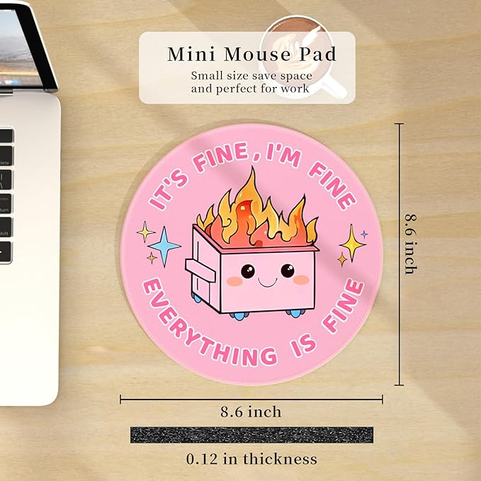 Funny Mouse Pad for Desk, Cute Office Decor for Women, Dumpster on Fire Small Mousepad with Non-Slip Rubber Base, Personalized Round Computer Mouse Pads for Laptop Desk Accessories Supplies