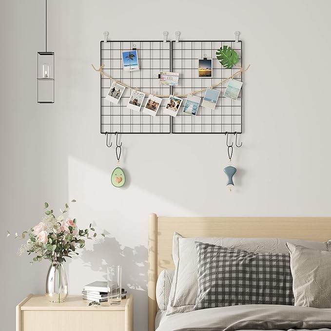C&AHOME Photo Wall Grid Panel Set of 2, Decor Grid Panel, Photo Display Shelves, Hooks, Clips, Hemp Cord, Hammer, 15.7" 11.8", Black UWWGM3402B