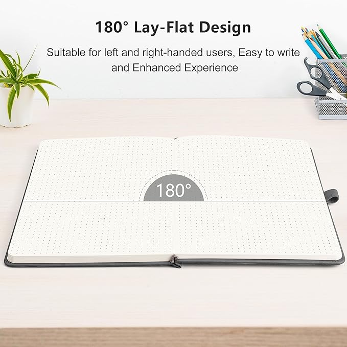 RETTACY Dotted Journal Notebook, 192 Pages, A5 Medium Size (5.7'' x 8.3''), Leather Hardcover, 100 GSM Thick Paper, for Bullet Journaling, Planning, Tracking (Gray)