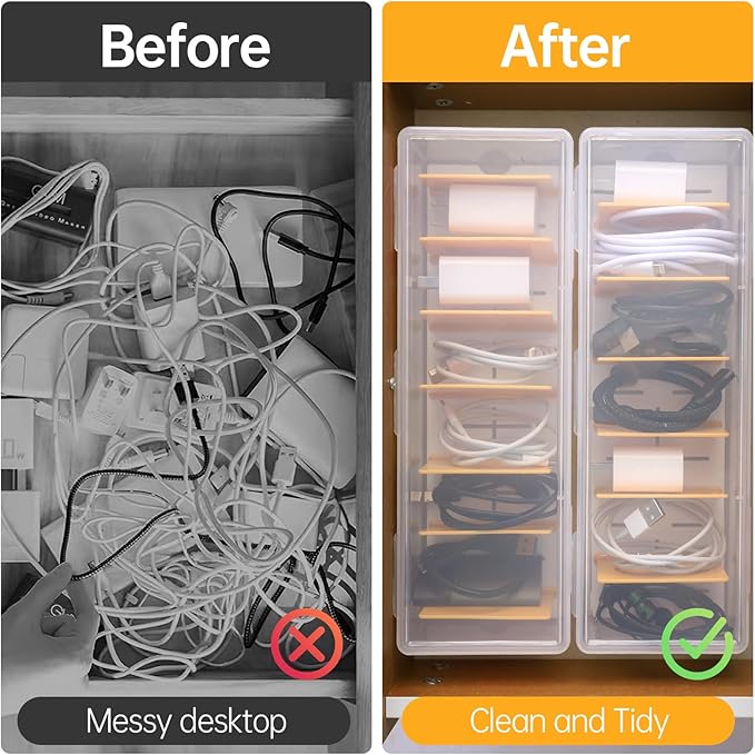 Clear Cable Organizer Box with Lid, Plastic Charger Cable Cord Storage Organizer, Office Desk Organizers, Multifunctional Accessories Storage for Home Drawer Office, Stackable, Clear