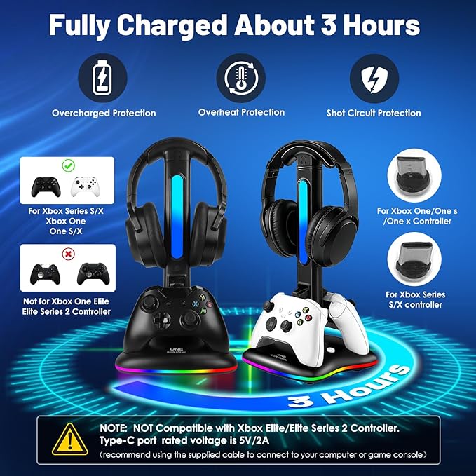 Controller Charger with RGB Headphone Stand for Xbox Series X/S/One/One S/X, XSX Controller Charger Station, Headset and Controllers Stand Holder for Xbox, Gaming Gifts for Gamers Men