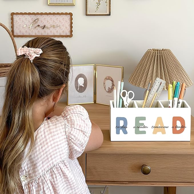 Book Lovers Gifts Pen Holder, Book Reader Gifts Pencil Holder for Desk, Boho Read Today a Reader Tomorrow a Leader Wooden Box Sign Decorations for Reading Room Classroom Desk Tabletop