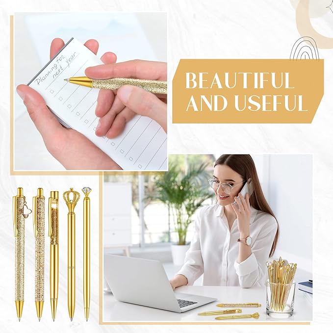Janmini 9 Pcs Ballpoint Pens Set Metal Crystal Diamond Glitter Pens for Journaling Black Ink Pretty Cute Things Fancy Stationery Gifts for Women Girls Birthday Home Office Desk(Gold)