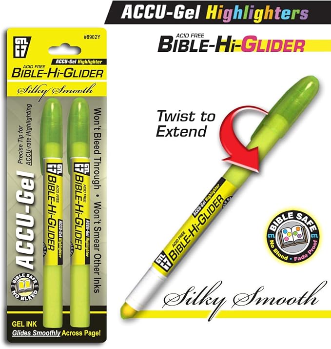 G.T. Luscombe Company, Inc. Accu-Gel Bible Highlighter, Bible Study, No Bleed Solid Gel, No Smearing or Fading, Long Lasting, Bright Translucent Color Dry Marker, Yellow