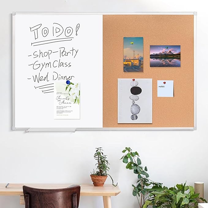 Cork Bulletin Board, 48 X 32 Inches White Magnetic Dry Erase Board, Large Wall Mounted Message Vision Notice Memo Pin Board for Office, Home and School