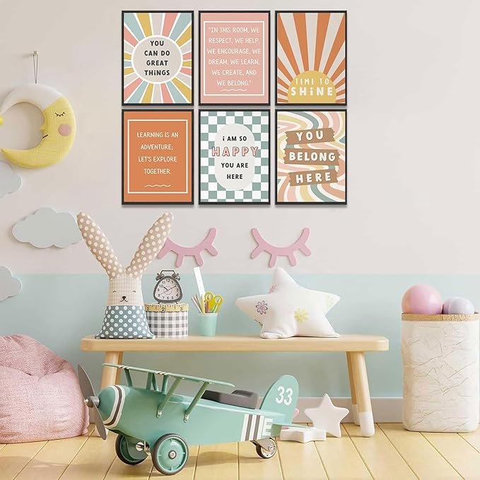 6Pcs Boho Inspirational Posters Wall Art Positive Affirmations Growth Mindset Canvas Wall Decor Pictures Modern Classroom School Posters Wall Prints for Children's Room nursery School 12x16in Unframed