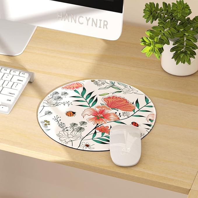Floral Plants Mouse Pad for Desk, Small Cute Mousepad with Non-Slip Base, Round Mouse Pads for Wireless Mouse Laptop Gaming, Computer Mouse Mat for Office Decor Desk Accessories Supplies