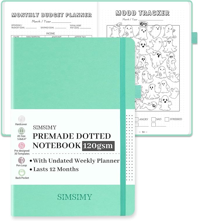 Premade Bullet Dotted Journal Notebook, Pre-made Dot Grid Journaling with Undated Weekly & Monthly Planner - 12 Month Organization for Habit / Mood / Meals / Sleep / Exercise Trackers,