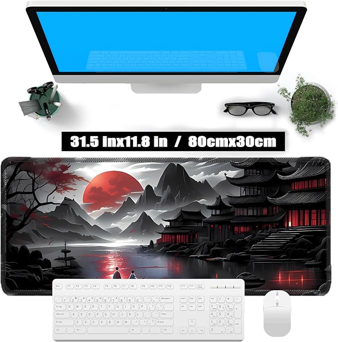 Japanese Sakura Mouse Pad 31.5x11.8 Inch Black Anime Desk Mat Large Non-Slip Rubber Base Waterproof with Stitched Edges for Gaming and Office(Red Moon)