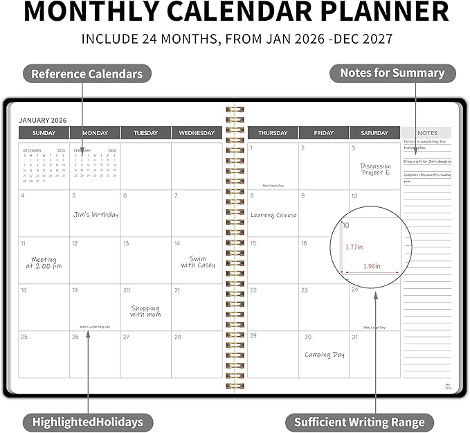 Monthly Planner 2026-2027, 2026 Calendar 24 Months Planner, Jan 2026 - Dec 2027, 8.6" x 11", Academic Calendar Hard PVC Cover with Spiral Bound, Perfect for School & Office for Women & Men