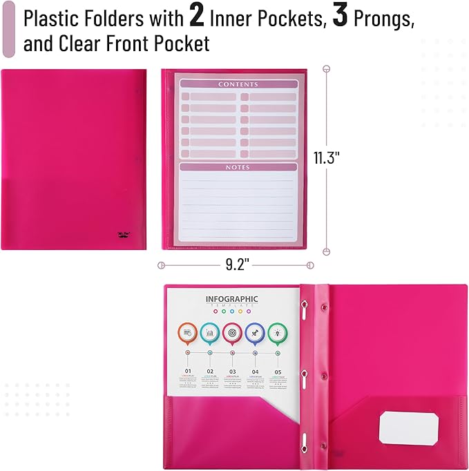 Mr. Pen- Plastic Folders with Pockets and Prongs, 24 Pack, Letter Size, Magenta, Flexible Plastic Folders with Prongs, Clear Front Pocket and Card Slot