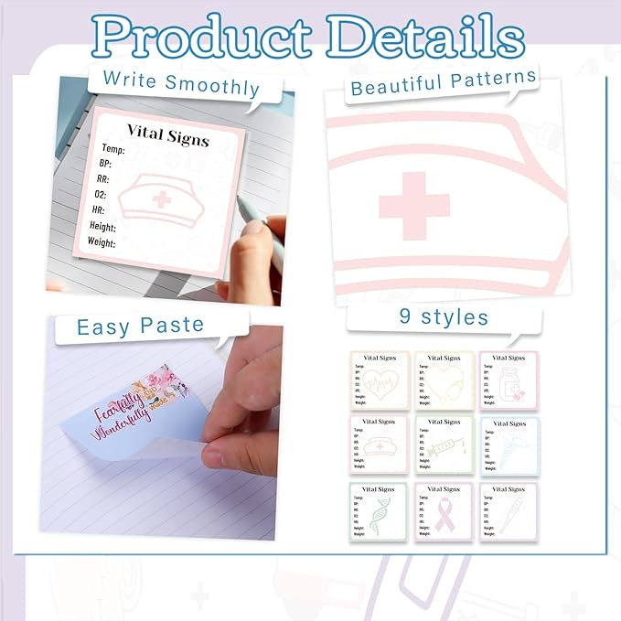 Vital Signs Sticky Notes Gifts, 9 Pack Vitals Signs Notepad 3x3 Inch, Nurse Daily Monitoring Memo Pads, Patient Health Checklist Office Hospital Supplies (450 Sheets)