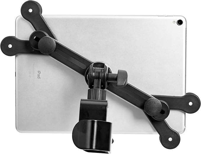 Amazon Basics Adjustable Tablet Holder for Music Stand, Secure Portable iPad Holder with 360 Degree Swivel, Fits 7-11" Screens, Black