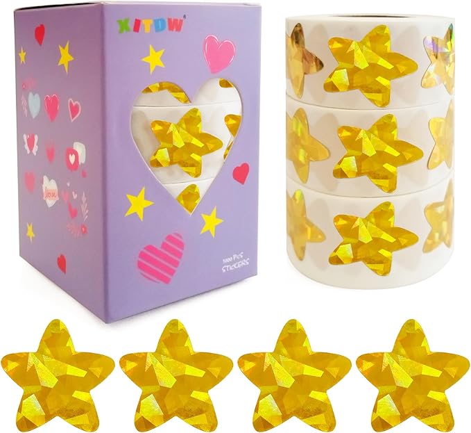 3 Rolls Gold Star Stickers,1500Pcs Holographic Shiny Metallic Foil Star Stickers for Kids Reward, Student Planner and School Classroom Teacher Supplies