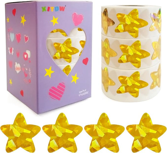 3 Rolls Gold Star Stickers,1500Pcs Holographic Shiny Metallic Foil Star Stickers for Kids Reward, Student Planner and School Classroom Teacher Supplies