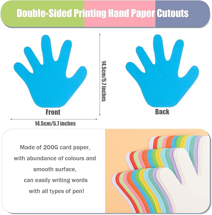 144 Pieces Hand Cutouts Paper Hand Shape Cut-Outs Assorted Color Handprint Shape Cutouts Blank Creative Paper Cutouts for Kids DIY Craft Art Project Home School Classroom Decorations