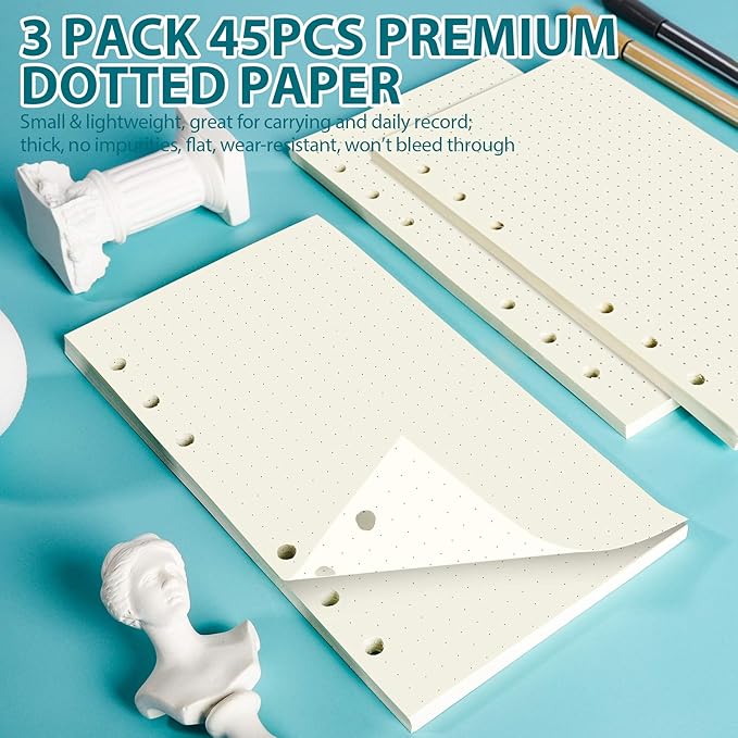 LEOBRO A6 Refill Paper, 3 Pack 45PCS A6 Dotted Loose Leaf Paper, with Page Markers, Label Stickers, Binder Pockets Dividers, 6 Ring Filler Paper Insert Refill for Planner Binder Notebook Journal