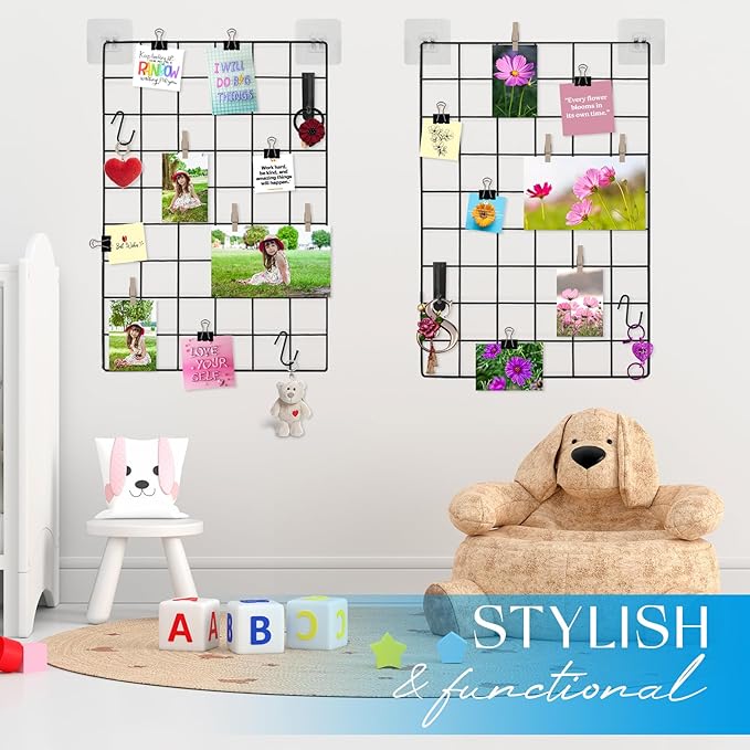 Metal Grid Wall Panel Black, Wire Photo Display Organizer, 17.3"×11.8" Board, Picture Frame, 2-Pack Mesh Memo Board with Clips and Hooks
