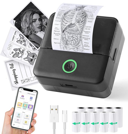 cudinham Print Pods Mini Printer, Sticker Printer with 10 Rolls Thermal Printing Paper, Inkless Pocket Printpod for Phone, Impresora Portátil for Notes, DIY, Compatible with iOS & Android (Black)