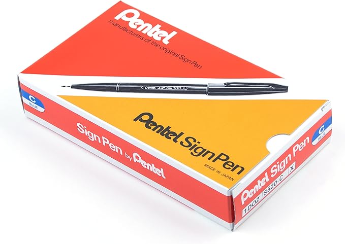 Pentel Sign Pen Fiber-Tipped Pen, Blue Ink, Box of 12 (S520-C)