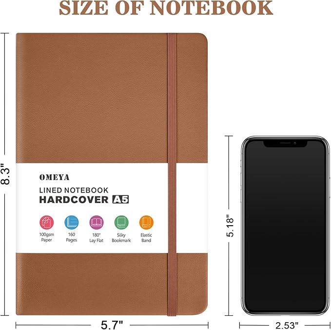 OMEYA 8 Pack Lined Journal Notebooks for Work, 100gsm Thick Paper, 5.7"x 8.3", College Ruled A5 Notebook Bulk, Leather Journal for Writing, Hardcover Notebooks for School, Office, Journal for Women