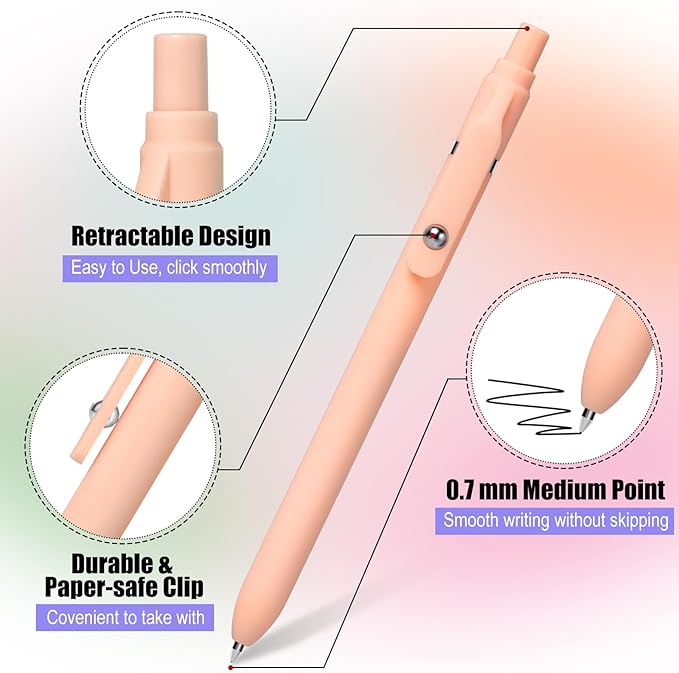 Gel Pens, 12 Pcs Black Ink Pens 0.7mm Medium Point| Quick Dry No Smudge, Smooth Writing, Retractable Cute Aesthetic Pens for Journaling Note Taking School Office Supplies