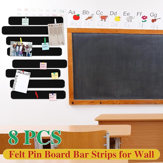 8 Pcs Felt Pin Board Bar Strips Bulletin Board 50 Pushpins and 10 Wooden Clip Pins Self Adhesive Cork Boards for Offices Home Wall Display Photos, Paste Notes, Schedules(Black)