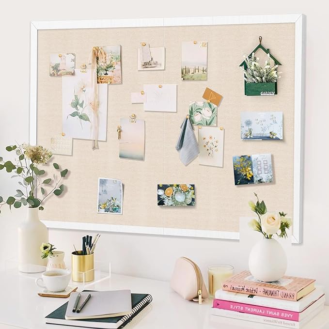 Miratino Large Bulletin Board 48x36 inch with Linen Cork Boards Wall Decor Hanging Pin Wood Framed Display Bulletin Cork Photo Picture Board Light for Room School Office 30-Pushpin White