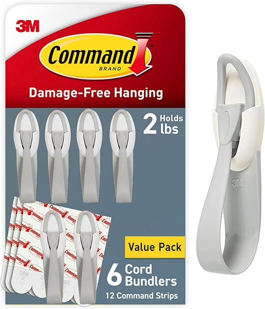Command Cord Bundlers, Damage-Free Hanging Cord Organizer, No Tools Cord Bundler for Hanging Electrical Cables of Christmas Decorations, 6 Gray Cord Bundlers and 12 Command Strips