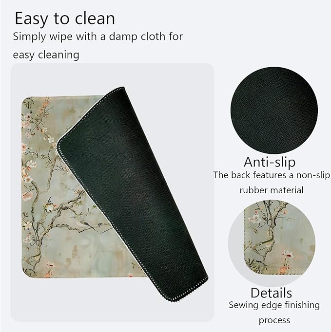 Cherry Blossom Mouse Pad,Chinoiserie Birds and Flowers Desk Mat,Elegant Botanical Mouse Pad,Vintage Floral Girly Desk Mat for Dorm Home Office Decor,10.2x8.3 Inch