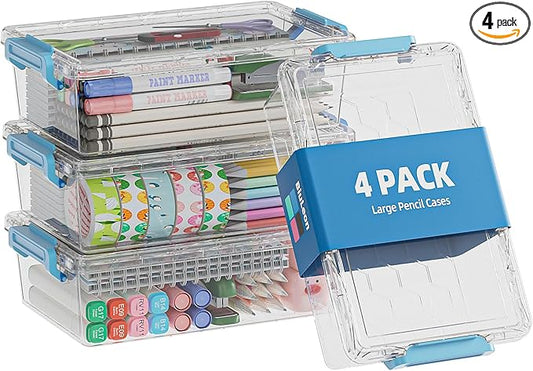 4 Pack Extra Large Pencil Box, Plastic Pencil Case Organizer, Clear Crayon Box Marker Organizer, Stackable Craft Organizers and Storage for Pen, Craft, Art Supply(Blue)