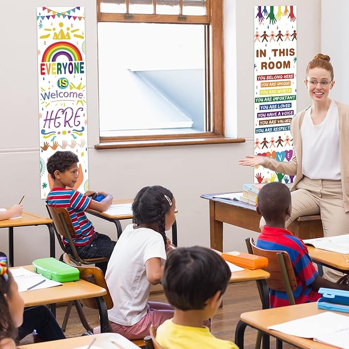 2 Pcs Classroom Welcome Sign Rainbow Classroom Decoration Everyone Is Welcome Banner for Door Bulletin Board Kindergarten Pre School Elementary & Middle High School Wall Sign, 11.8 x 47.2 Inch