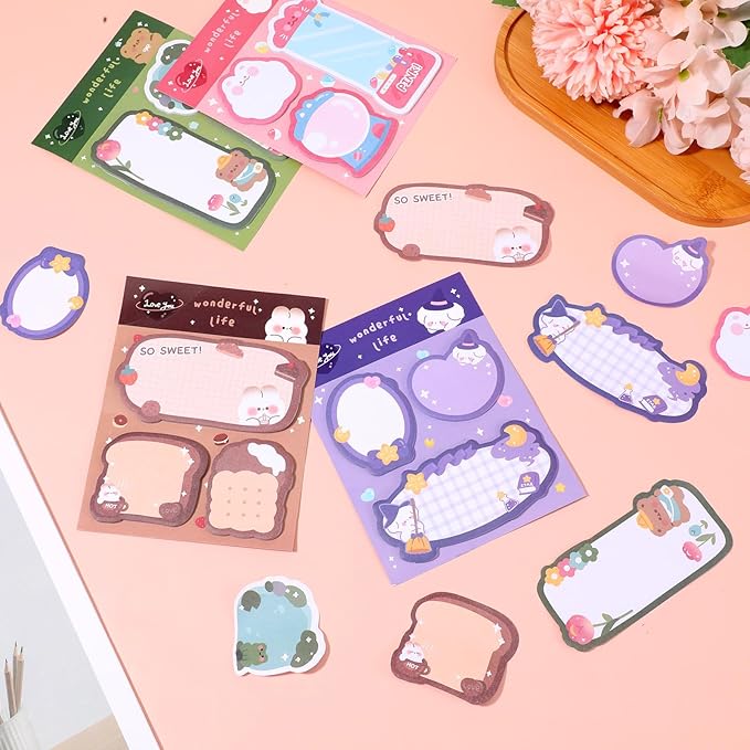 4 Pack Sticky Notes Kawaii Animal Posted Notes Set 240 Sheets Animals Shape Markers Flags Self-Stick Memo Pads Kawaii Small Self-Stick Note Pad for Office Roommates Home Kids Students (Set 2)