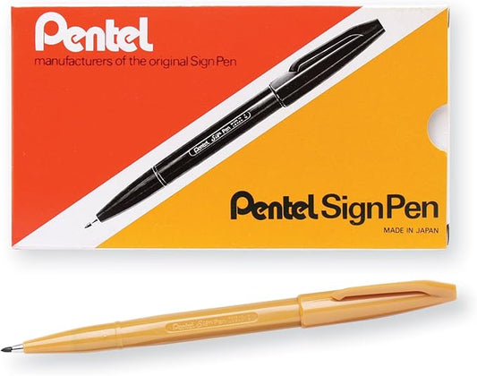 Pentel Sign Pen Fiber-Tipped Pen, Yellow Ochre Ink, Box of 12 (S520-Y), Orche