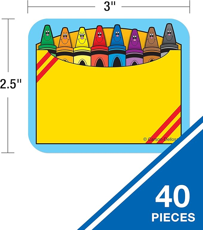 Carson Dellosa 40PC Name Tags, Nametags with Crayons for Daycare Labels, Locker Organization, Hello My Name is Stickers, Back to School Decor, Classroom Essentials, and Teacher Supplies