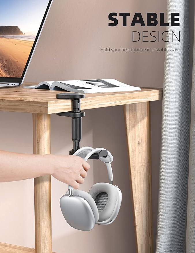 Lamicall Headphone Stand, Headset Holder - [2025 Upgarded] 360° Rotating Headphone Hanger, Earphone Holder Hook Mount Clamp Under Desk for Airpods Max, Sennheiser, More, Black