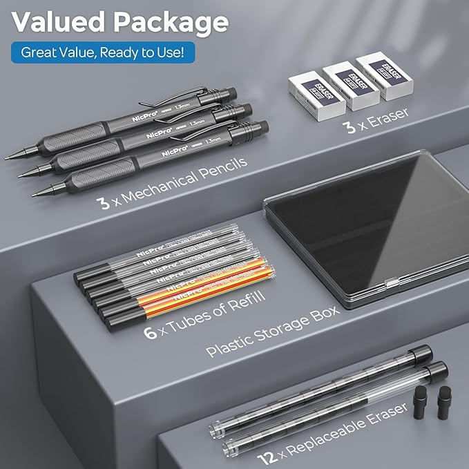 Nicpro 3 Pack Weatherproof Mechanical Pencil Set, 1.3mm Mechanical Pencils, Heavy Duty Lead Pencil for Outdoor All Weather Marking Drafting Drawing with 48 Lead Refills, Erasers, Case (Black, HD1000)